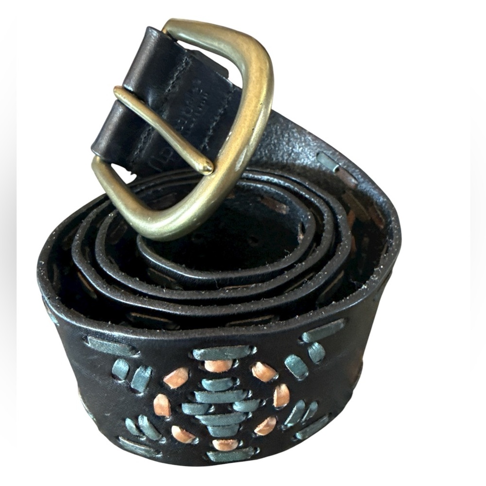 Linea Pelle Brown Cutout Inlay Leather Brass Buckle Women’s Belt Boho Chic Large